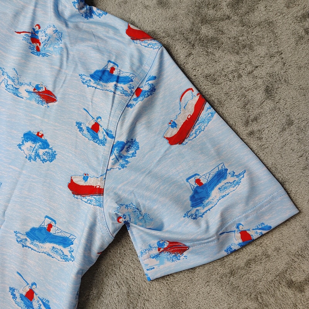 Waggle Lake‎ Life Polo Shirt Mens 2XL Light Blue Boat Print Performance Stretch - Picture 7 of 11